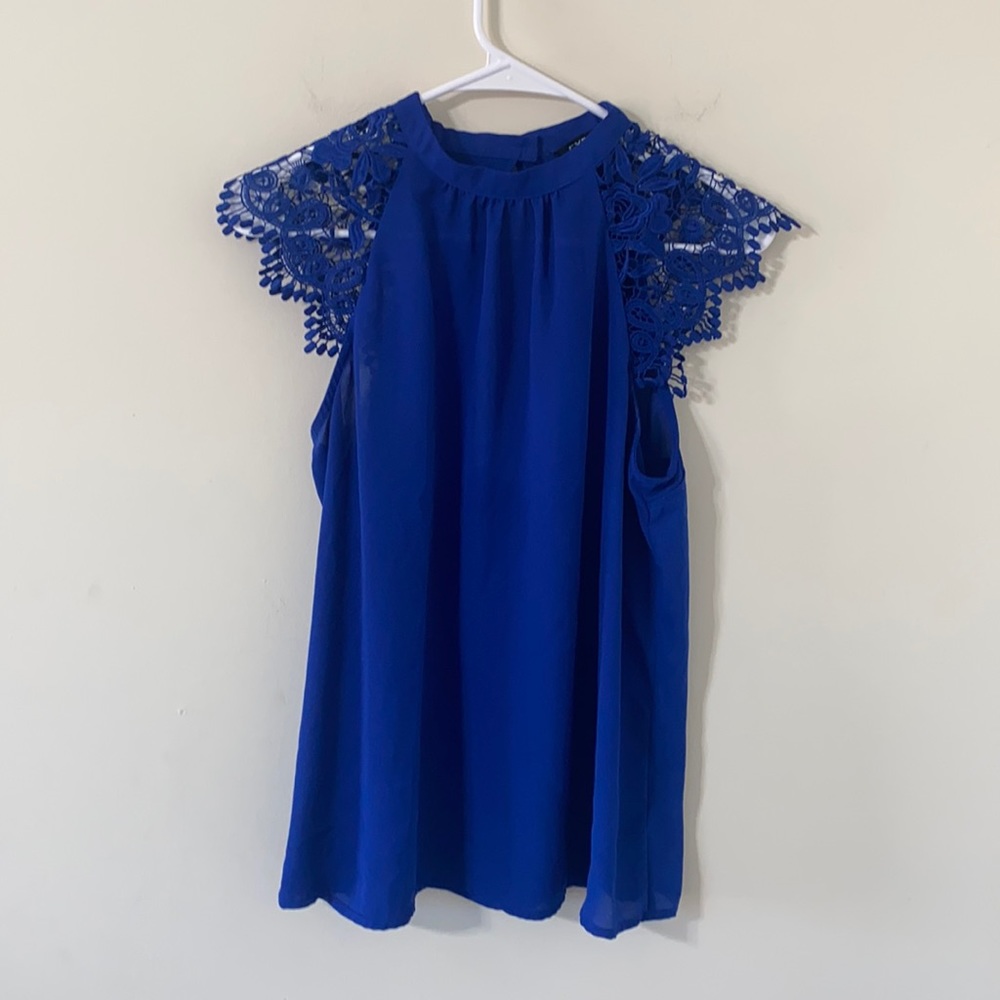 Express | Cobalt Blue Semi Sheer Tank With Lace Crochet Sleeve Detail | Medium